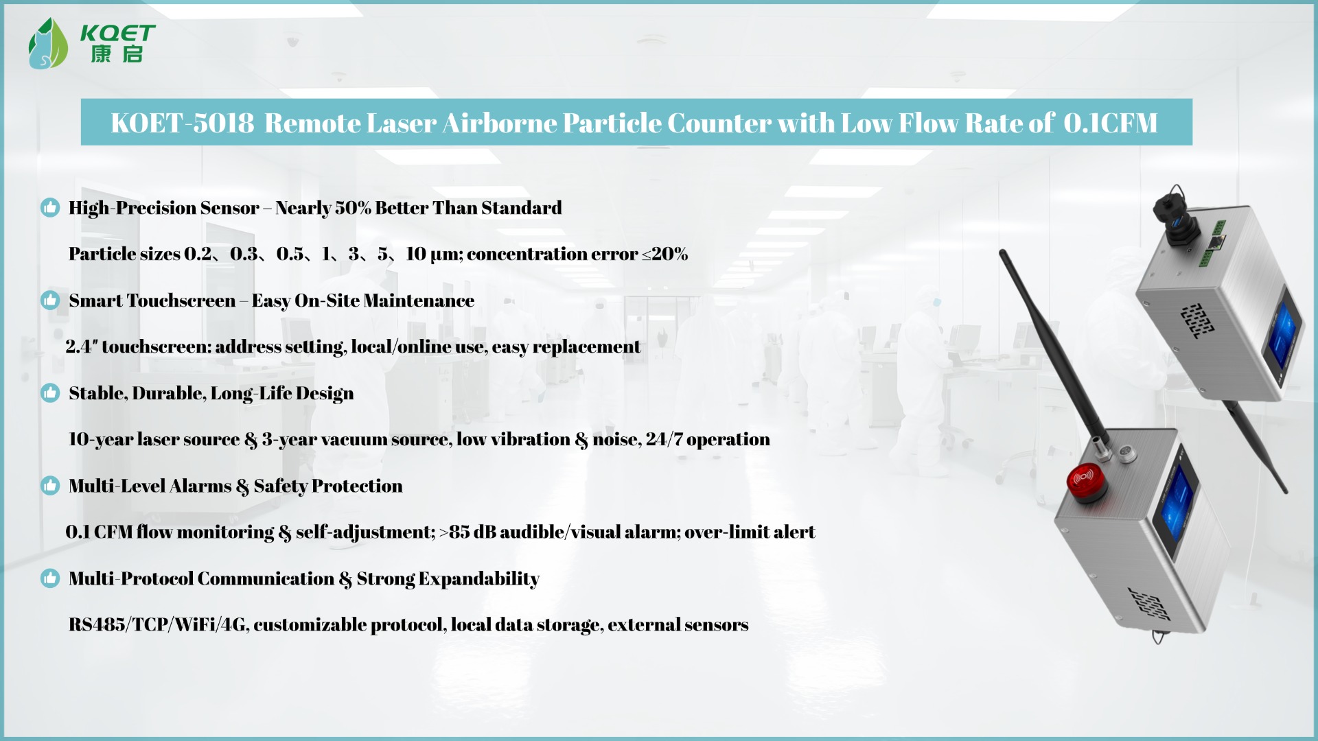 KOET-5018 Remote Laser Airborne Particle Counter with Low Flow Rate of 0.1CFM
