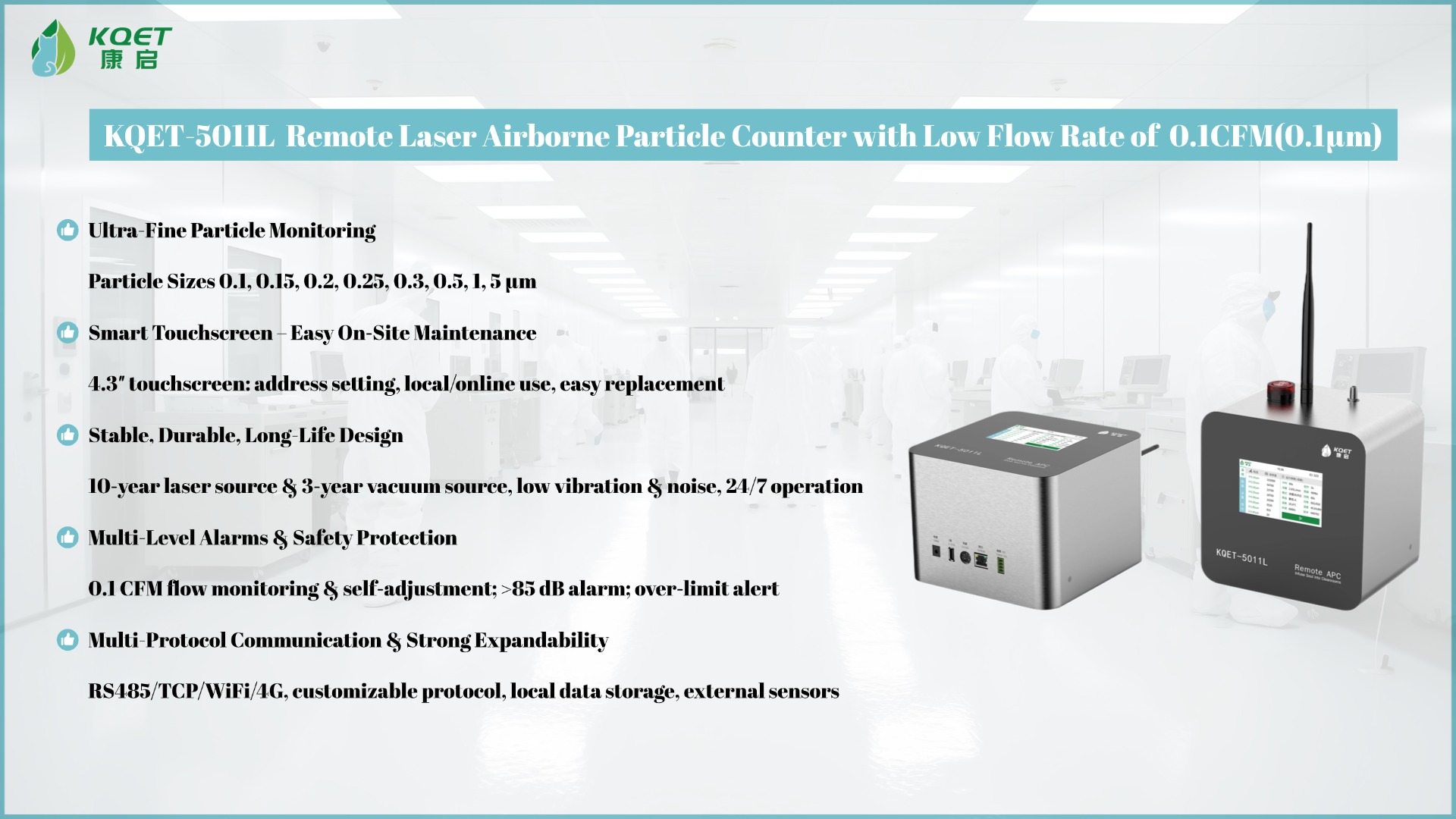 KQET-5011L 0.1μm Built-in Pump Remote Laser Airborne Particle Counter with Low Flow Rate of 0.1CFM